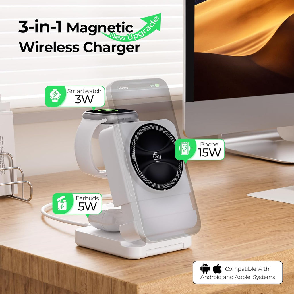 【2025 Upgraded】 Wireless Charger 3 in 1, Foldable Wireless Charging Station, Travel Magnetic Charger Stand, Nightstand 15W Charging Station for iPhone 16 Samsung S25 Samsung Watch TWS Earphone iWatch