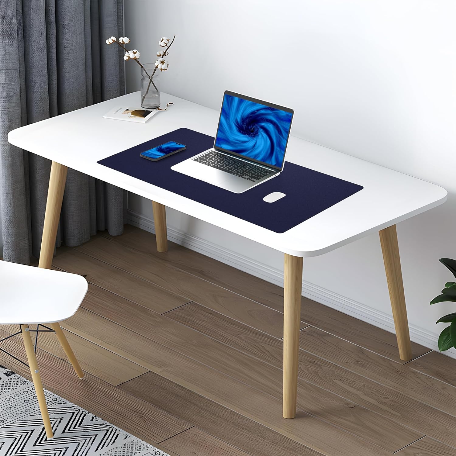 AFIING Dual-Sided Desk Pad, Natural Cork & PU Leather Large Mouse mats for Office and Home Work, Desk Protector Non-Slip, Waterproof, Easy Clean (Blue, 23.6" x 13.7")