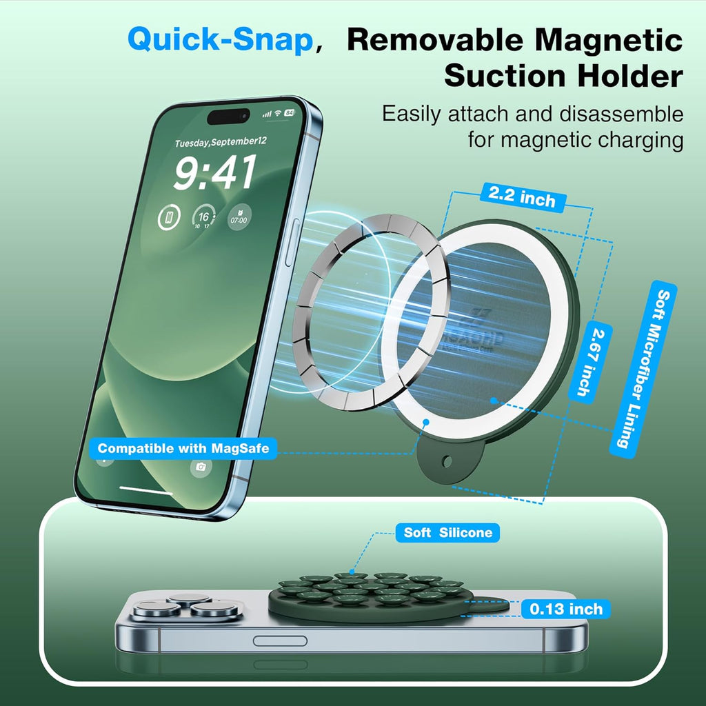Magnetic Suction Cup Phone Mount for MagSafe Case, Silicone Hands-Free Phone Grip Holder for iPhone and Android, Mirror Shower Phone Stand for Makeup FaceTime Gym Kitchen Bathroom, Alpine Green