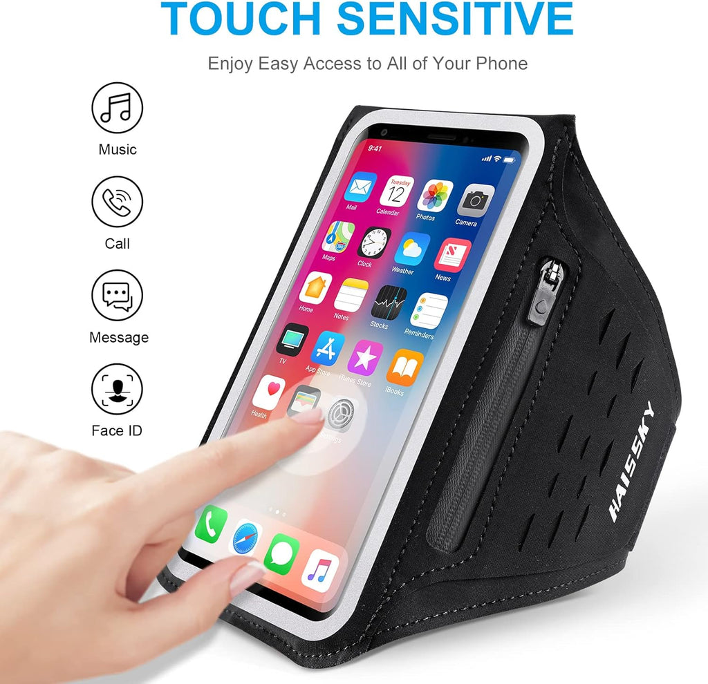 Running Armband with Earphone Bag Cell Phone Armband for iPhone 16 15 Pro 14 Plus 13 11 XR XS, Galaxy S24/S10 Water Resistant Sports Phone Holder Case & Zipper Slot Car Key Holder for 6.9 inch Phone