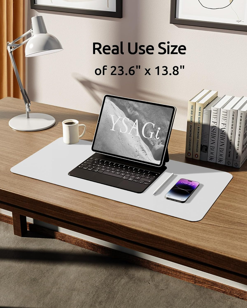YSAGi Leather Desk Protector, Office Mat, Large Mouse Mat, Non-Slip PU Leather Blotter, Laptop Desk, Waterproof Writing Pad for Office and Home (White, 23.6" x 13.8")