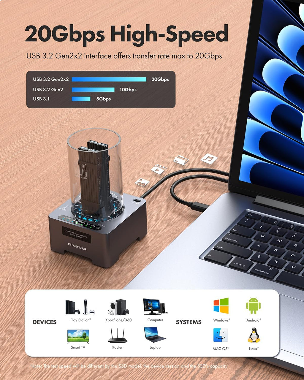 GRAUGEAR NVMe M.2 SSD Duplicator Dual-Bay Offline Clone Tool-Free, 20Gbps USB C to M.2 SSD Drive Cloner Docking Station Adapter Enclosure for M2 SSD Hard Drives M-Key