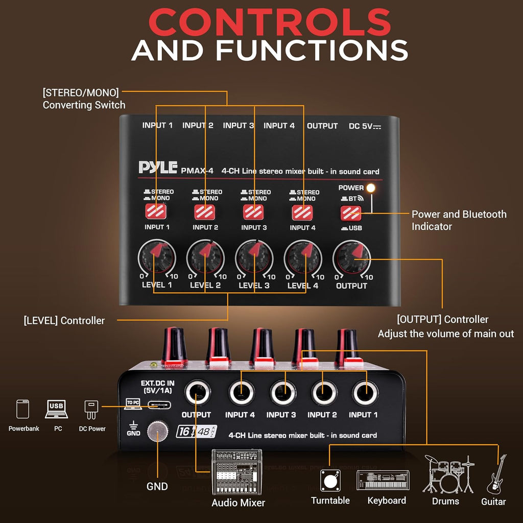 Pyle 4-Channel Wireless Bluetooth 5.0 Line Mixer - USB Audio Interface - 4 Mono/Stereo Inputs - Ultra-Low Noise - High Headroom - Built-in USB-C Sound Card - Compact Metal Chassis - PMAX4