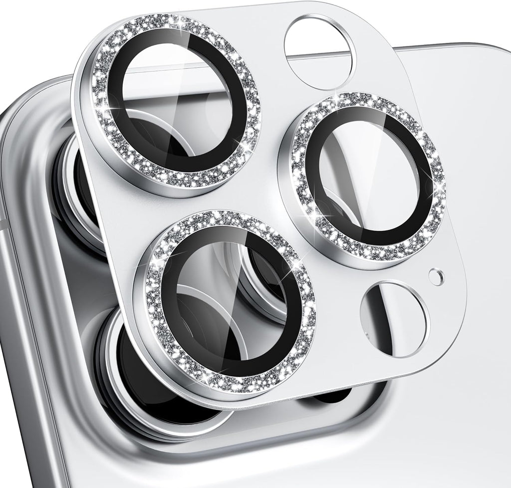 beuxece Compatible for iPhone 16 Pro/iPhone 16 Pro Max Camera Lens Protector, Bling Metal Tempered Glass Camera Screen Cover Accessories [Strong Adsorption][Case-Friendly]- Glitter Titanium Silver