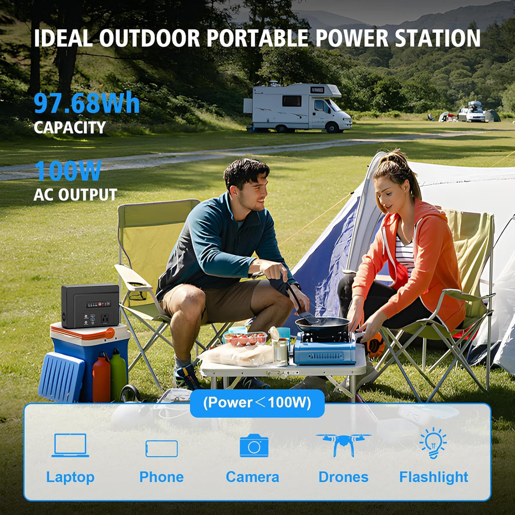Powkey Solar Powered Generator 100W Rated, 97Wh Portable Power Station with Solar Panels 30W Included, Fast Charging Power Bank with AC Outlet 110V/PD65W USB C/QC 3.0 for Outdoor Camping Home Backup