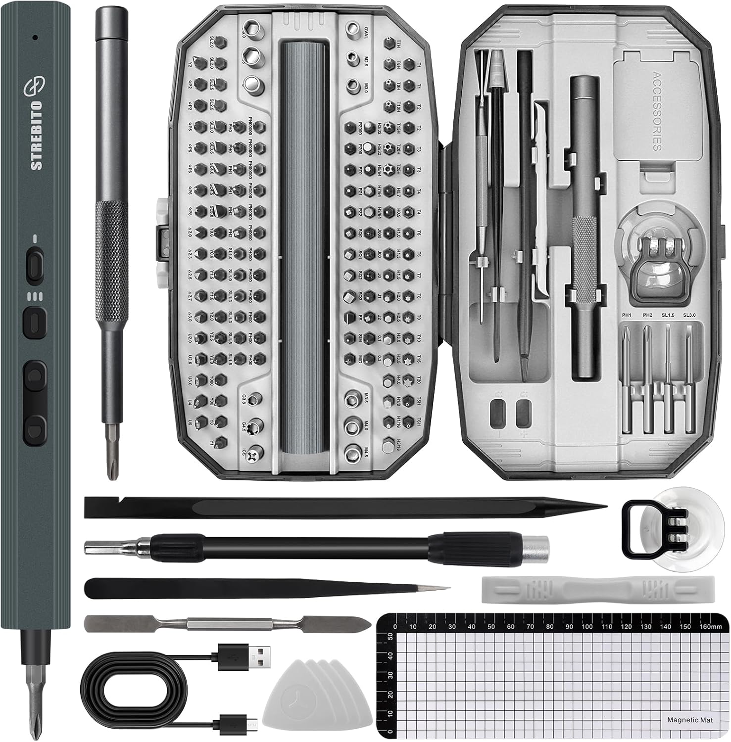 STREBITO Mini Electric Screwdriver, 155 in 1 Electric Precision Screwdriver Set with 140 S2 Magnetic Bits, Max 5 N.m, 650mAh Battery, Small Power Screwdriver Electronic Repair Tool Kit for Computer RC