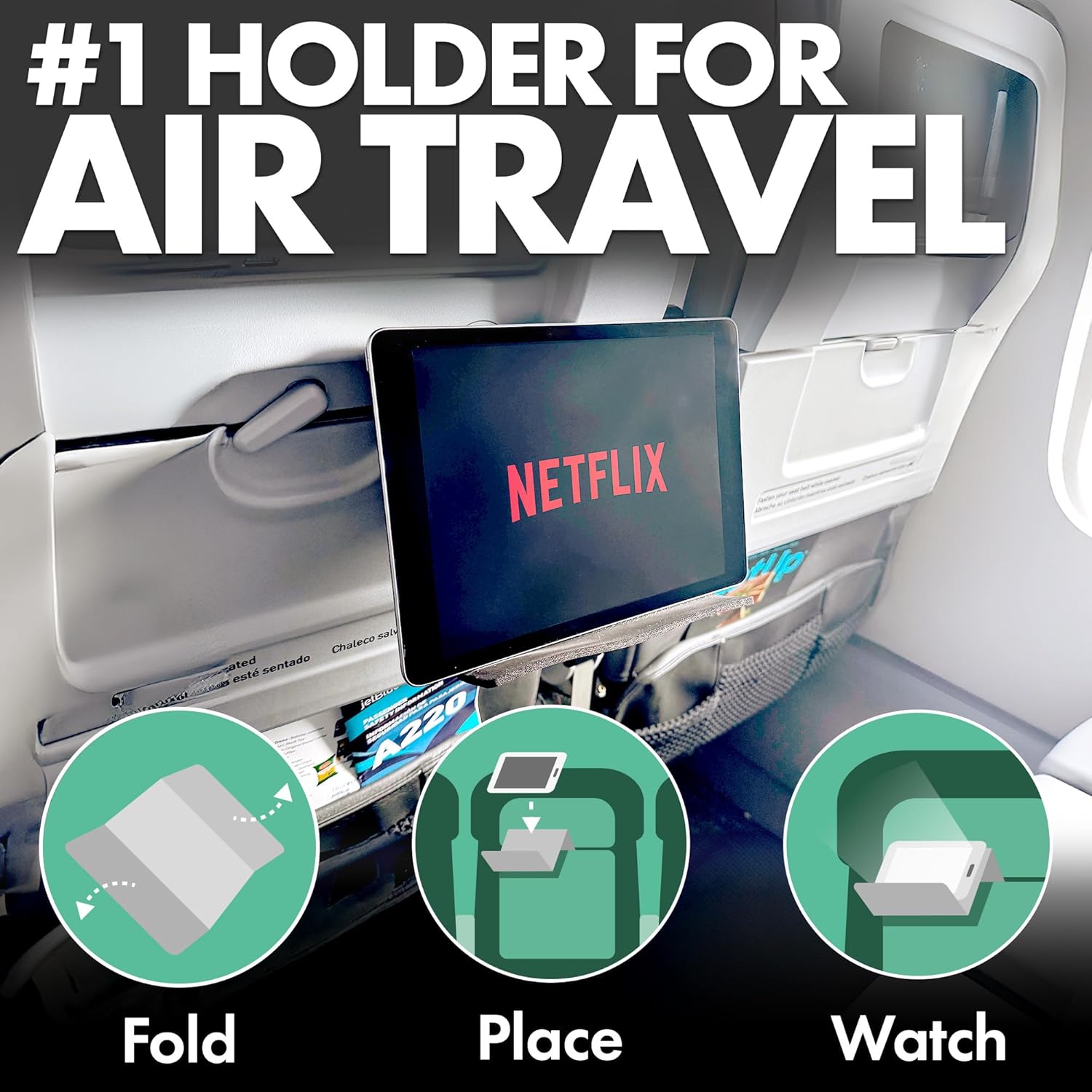 Airplane Tablet Holder, Extra Large 12x7” Flexible Cell Phone and Tablet Holder, Folding Cellphone Stand for Desk, Kindle, Bed, Long Flight Travel Accessories, Plane Essentials (Black)