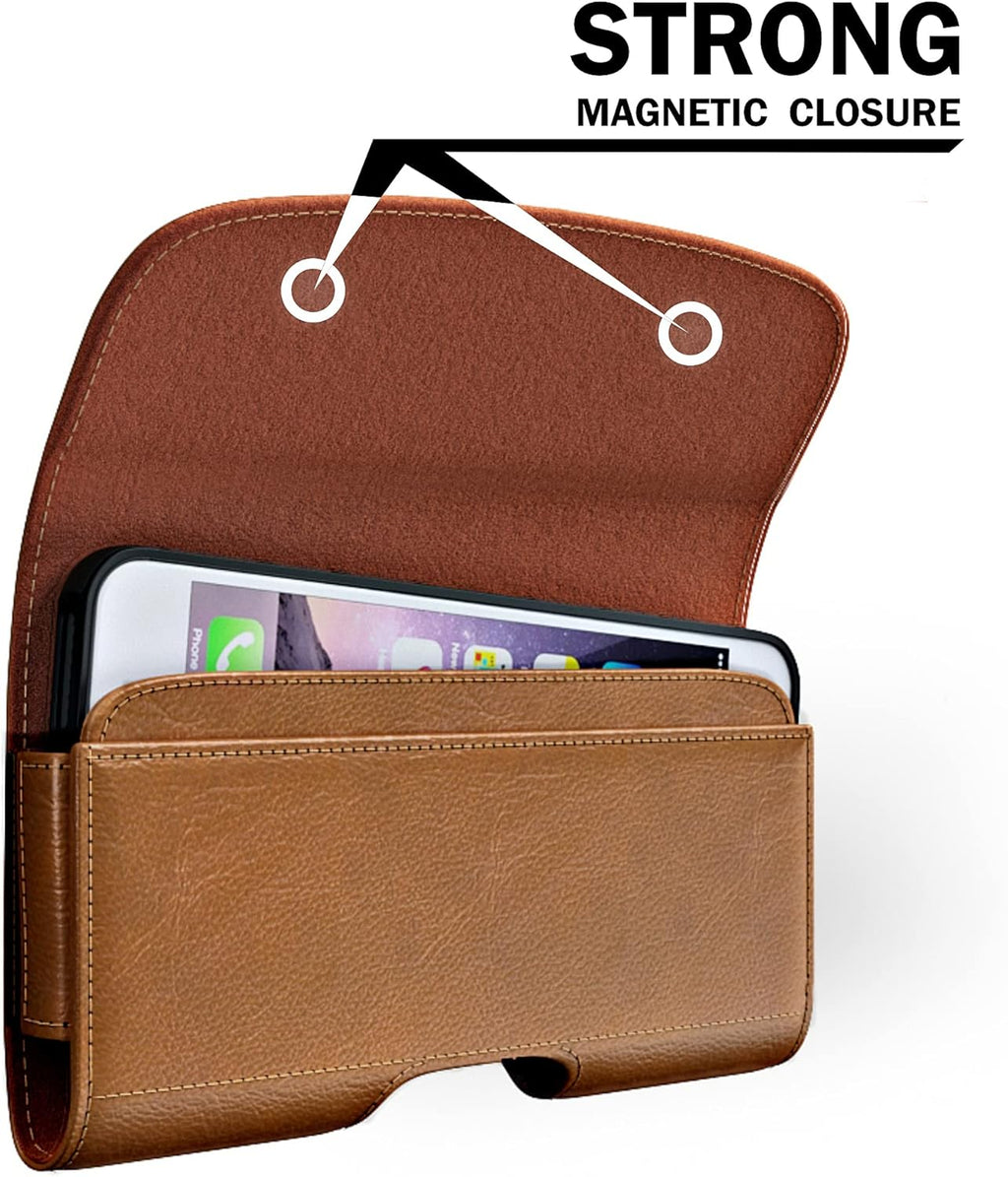 Case for Large iPhone Plus, Pro Max 16 15 14 13 12 11 Xs, Samsung Galaxy S25+ S24+ S23+ S22+ S21+, Cell Phone Belt Holster Clip, ID Card Holder Pouch, Fits Otterbox Case - Brown
