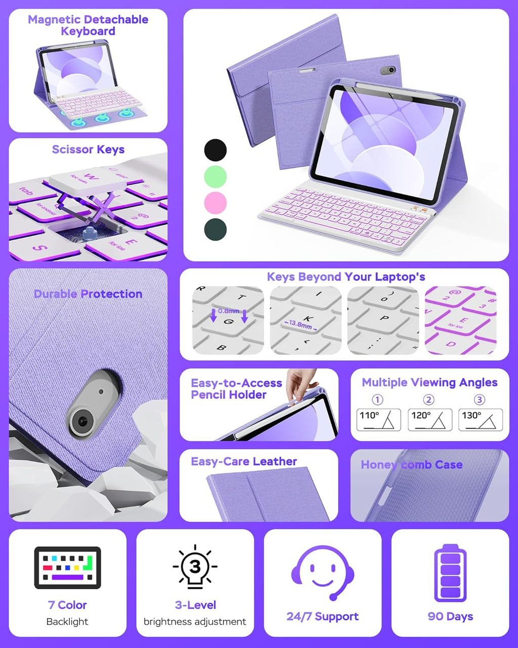 Folio Keyboard Case for iPad 10th Gen 10.9 inch (2022) and iPad 11th (A16, 2025), Magnetic Wireless Detachable Keyboard, 7-Color Backlight, Thin & Light, Pencil Holder (Purple)