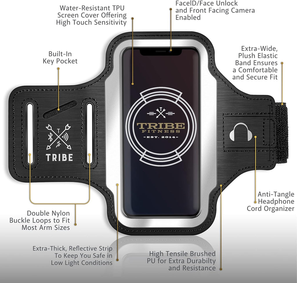 TRIBE Running Phone Holder Armband. iPhone & Galaxy Cell Phone Sports Arm Bands for Women, Men, Runners, Jogging, Walking, Exercise & Gym Workout. Fits All Smartphones. Adjustable Strap, CC/Key Pocket
