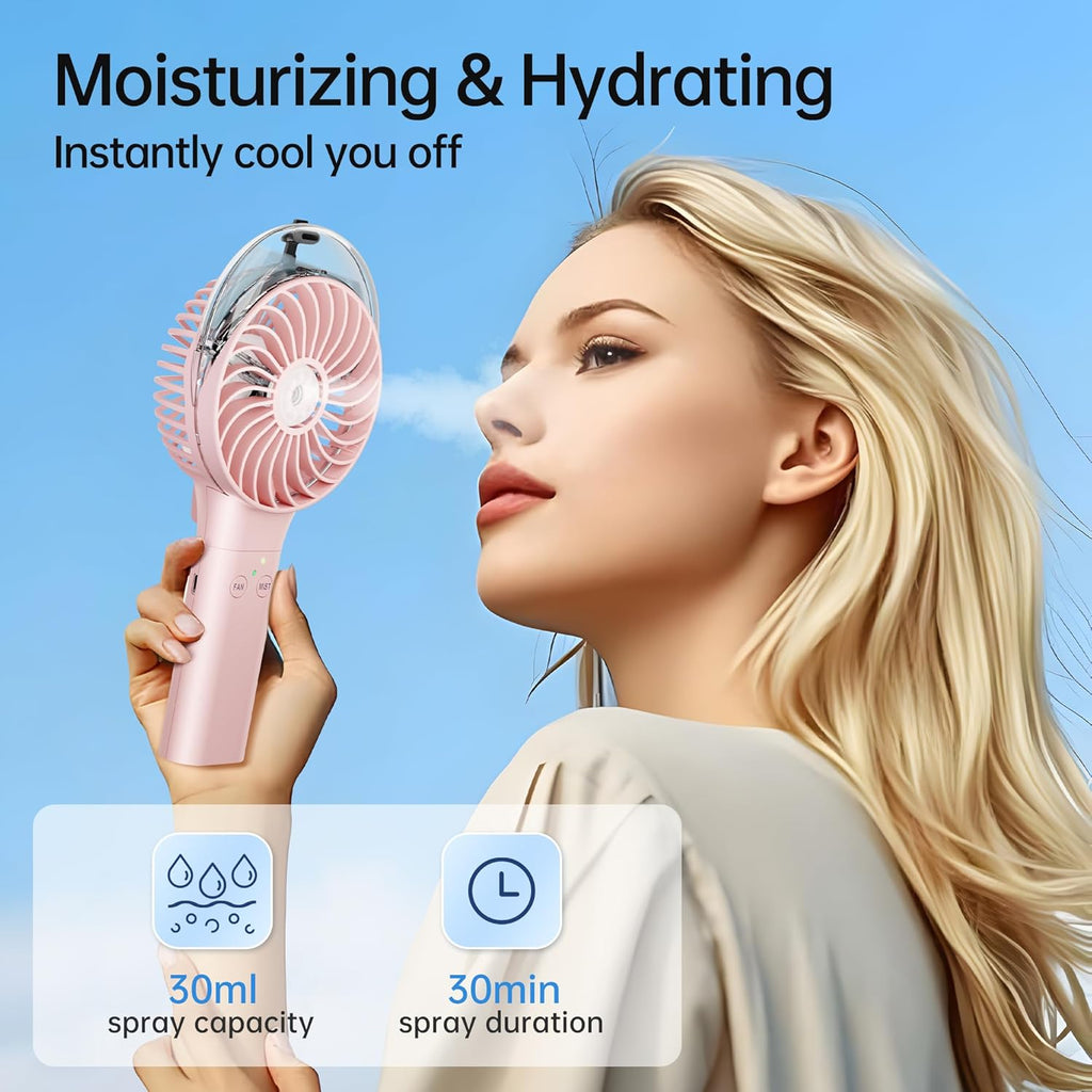 PANERGY Handheld Misting Fan – Rechargeable Battery Operated,Handheld Personal Fan with Mist Spray, Electric Hand Fans, 180° Foldable Mister Fans for Travel, Camping, Disney, Concerts, Office(Pink)