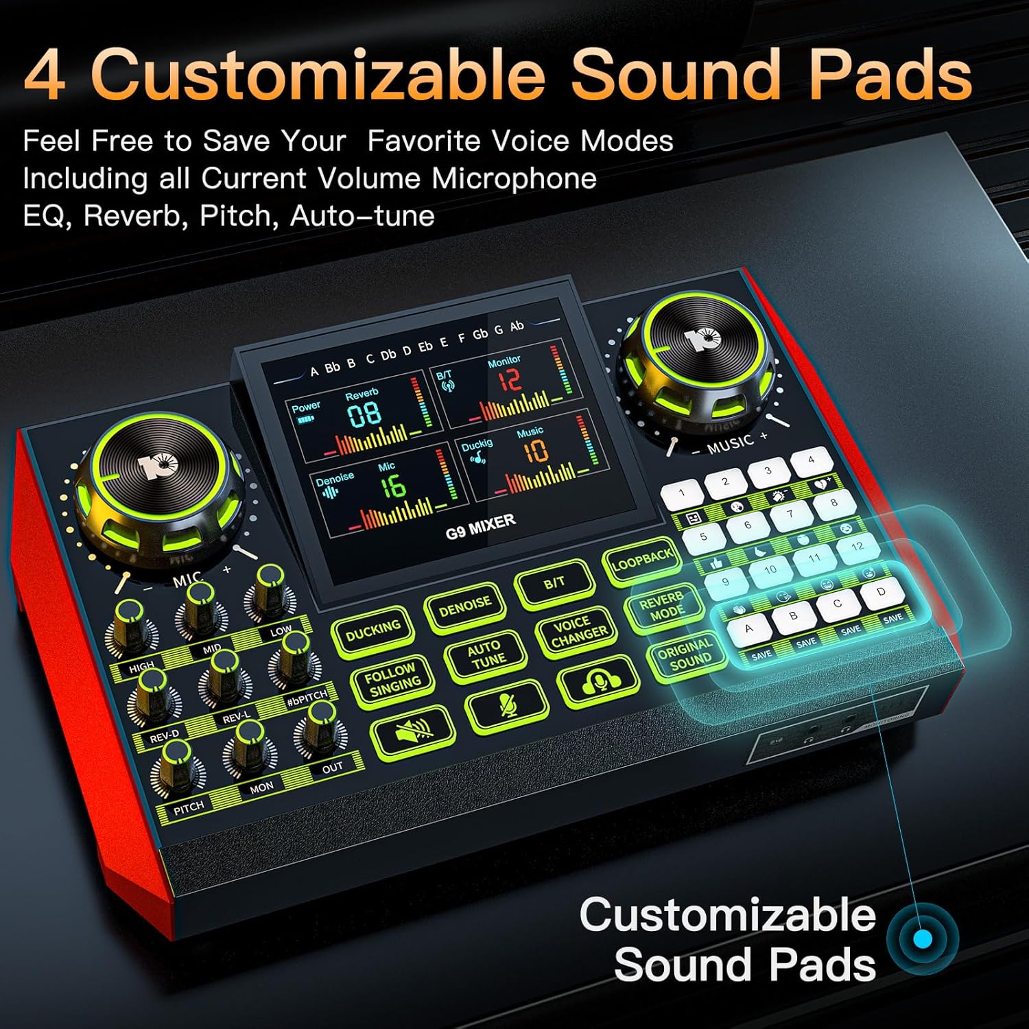 Audio mixer, suitable for live streaming, singing, and gaming on computers/phones; podcast mixer with real-time sound card, noise reduction function, and one-click mute function