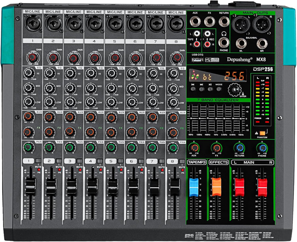 Depusheng MX8 8 Channel Sound Mixer Audio Mixing Console 48V 256DSP Professional USB PC Play Record Podcast Live Broadcast (US MX8)
