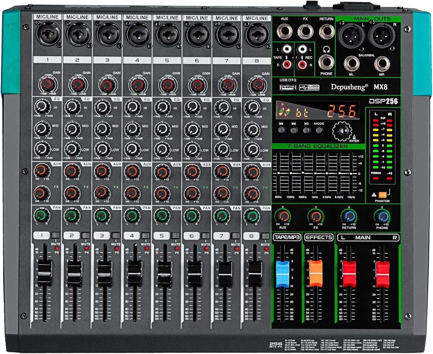 Depusheng MX8 8 Channel Sound Mixer Audio Mixing Console 48V 256DSP Professional USB PC Play Record Podcast Live Broadcast (US MX8)