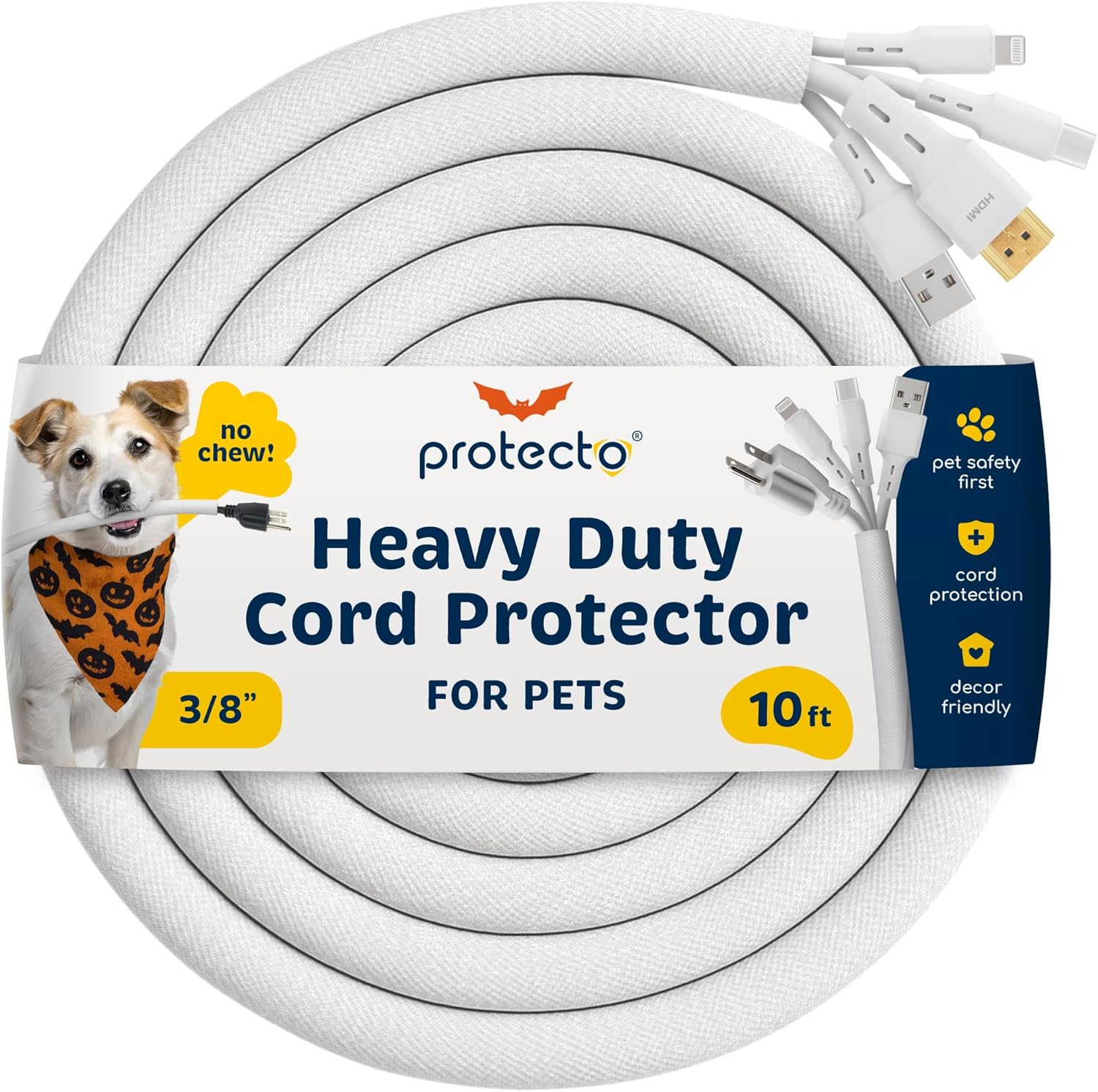 PROTECTO Heavy Duty Dog & Cat Cord Protector 10ft Easy-to-Use Critter Cord Cover for Pet Clear Odorless White Color Cord Protectors from Pets No Chew Solution Power Audio & Video Wire Protector Tubing
