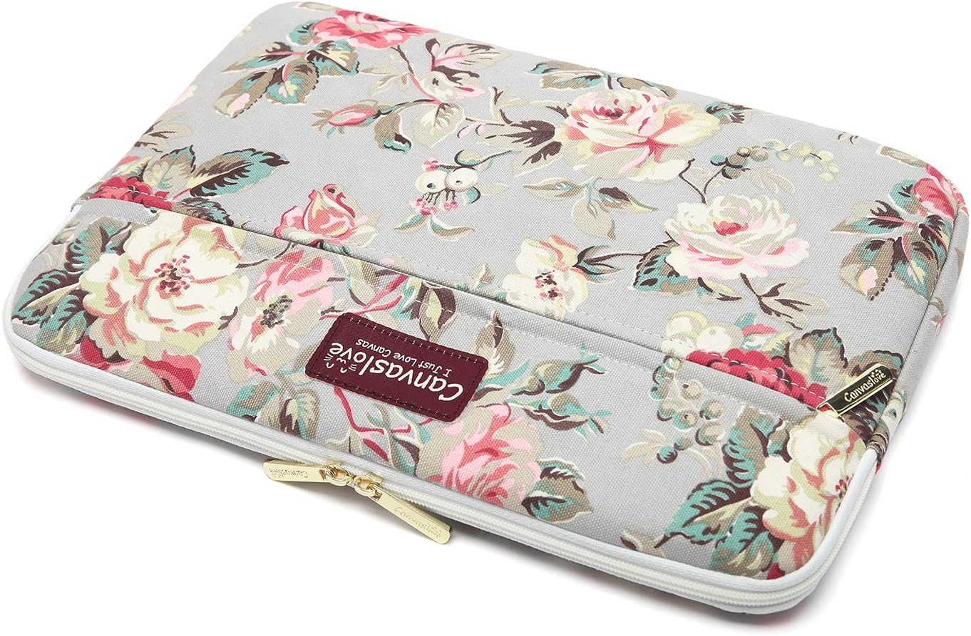 Canvaslove Rose Pattern Canvas Laptop Sleeve Case Bag with Pocket for MacBook Pro 14 inch and 14 inch Laptop