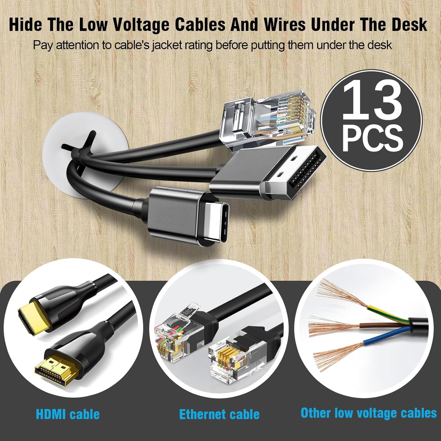 3/4" White Desk Grommet, JTemgle Flexible Cable Grommet with Bi-Metal Hole Saw Cross Rubber Cable Hole Cover Wire Organizer Caps Desktop Cord Management for Home Office TV Stands Tabletops, 13 Pieces