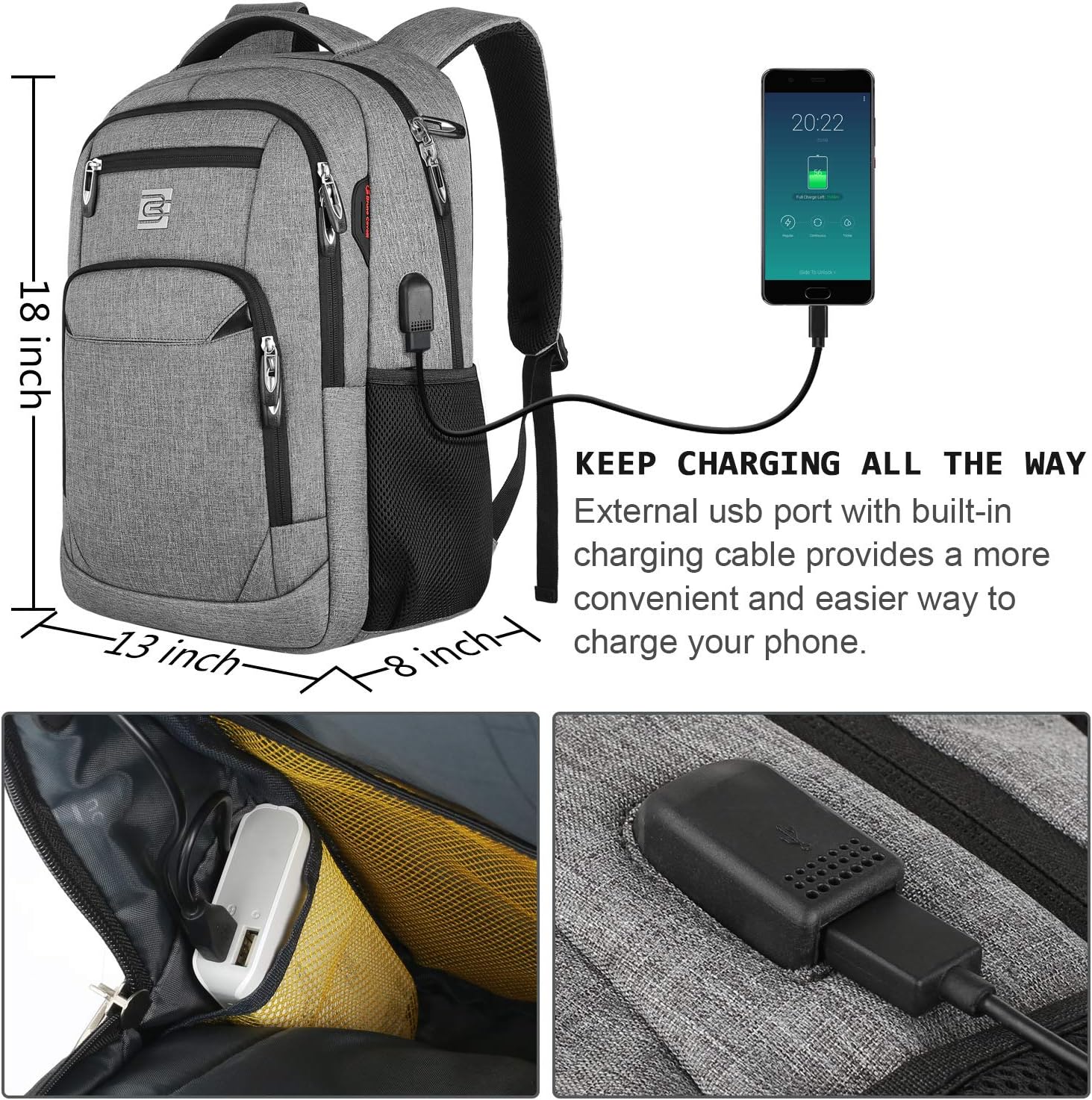 Laptop Backpack,Business Travel Anti Theft Slim Durable Laptops Backpack with USB Charging Port,Water Resistant College Computer Bag for Women & Men Fits 15.6 Inch Laptop and Notebook - Grey