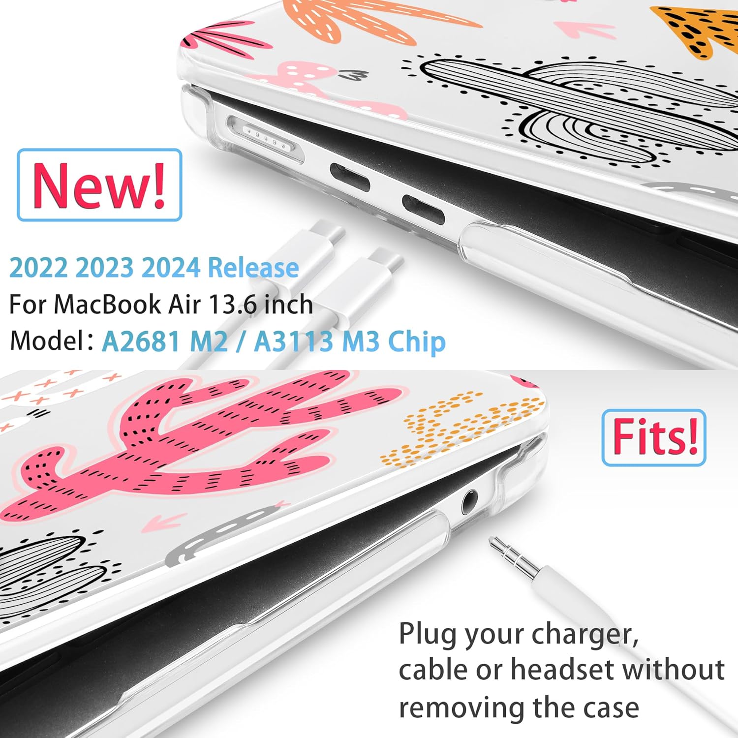 Mektron for 2025 M4 MacBook Air 13.6 Inch A3240 Case Fits 2023 A2681 M2 2024 A3113 M3 Chip with Liquid Retina Display Touch ID, Printed Plastic Hard Shell Cover for MacBook Air 13.6", Colorful Cacti