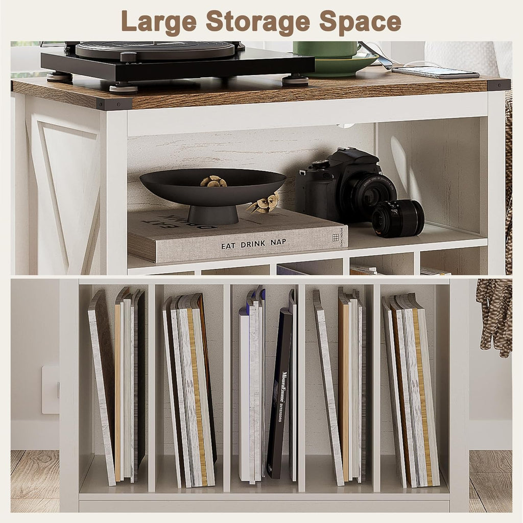ChooChoo Large Record Player Stand with Charging Station & LED Light, Vinyl Record Holder hold up to 300 Albums, Farmhouse End Table for Bedroom, Living Room, Soft White