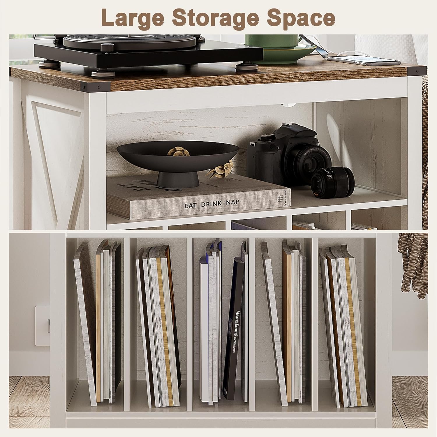 ChooChoo Large Record Player Stand with Charging Station & LED Light, Vinyl Record Holder hold up to 300 Albums, Farmhouse End Table for Bedroom, Living Room, Soft White