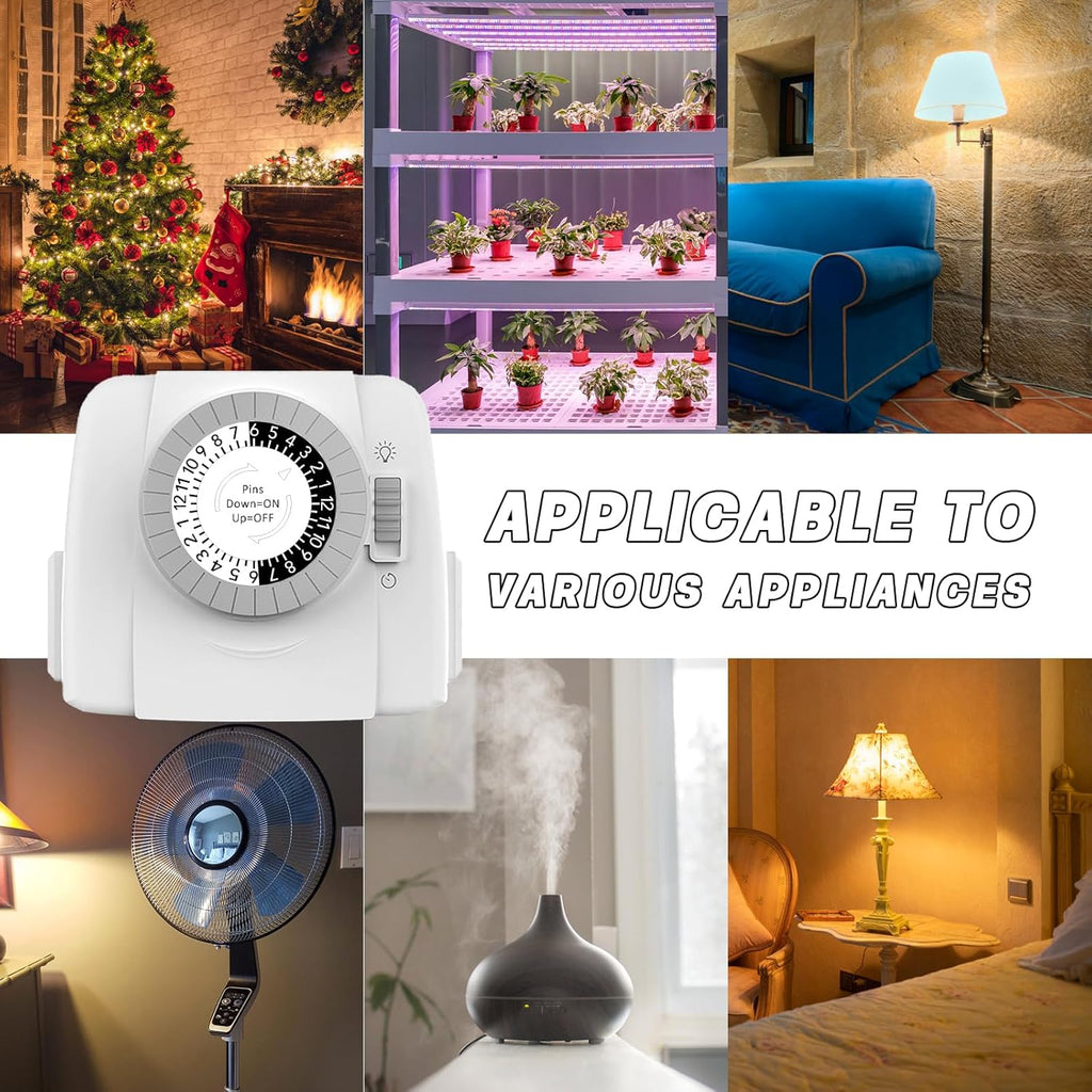 TiFFCOFiO Indoor Mechanical Light Timer, 3 Prong Plug in Timer Switch, 2 Grounded Outlets for Lamps Indoor, ETL Listed,15A/1875W