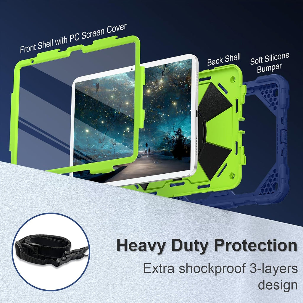 Case for iPad (A16) 11th Generation 11 Inch (2025) / iPad 10th Generation Case 10.9 Inch (2022) with 360° Rotating Stand Screen Protector Pen Holder Shoulder Strap, Navy Green