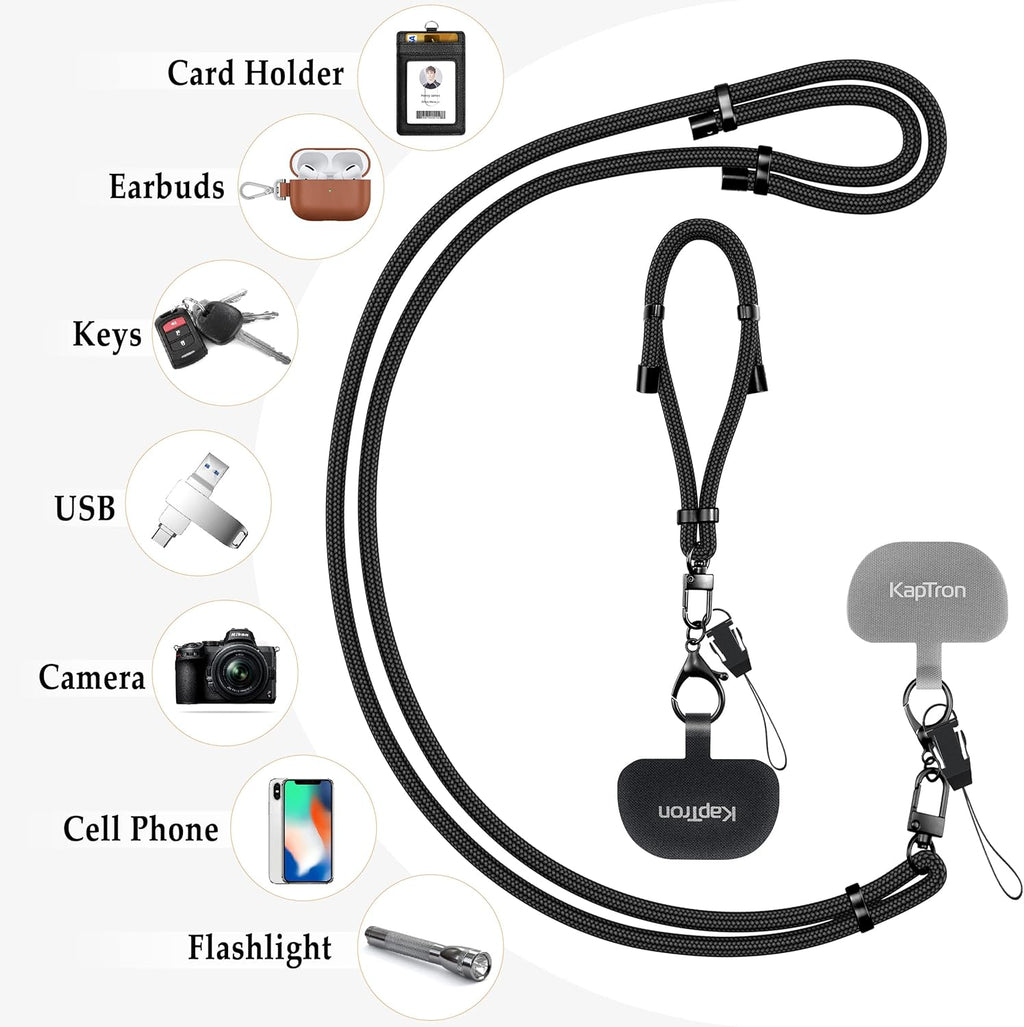 Kaptron Universal Phone Lanyard with Wrist Strap, Adjustable Crossbody Cell Phone Lanyard Neck Strap and Wristlet Strap with 2 Lobster Clips, Phone Tether Patches and Phone Straps (Black, 2 Pack)