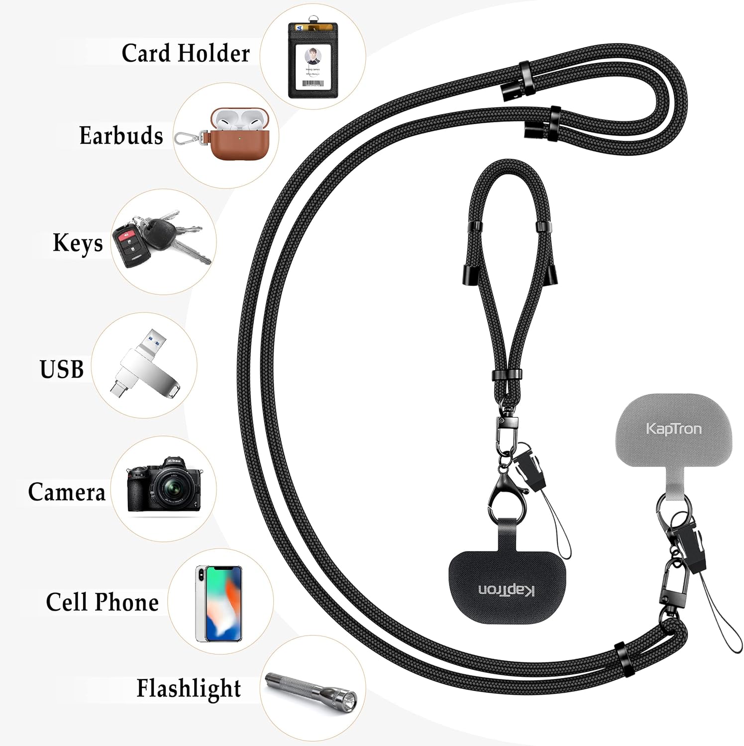 Kaptron Universal Phone Lanyard with Wrist Strap, Adjustable Crossbody Cell Phone Lanyard Neck Strap and Wristlet Strap with 2 Lobster Clips, Phone Tether Patches and Phone Straps (Black, 2 Pack)