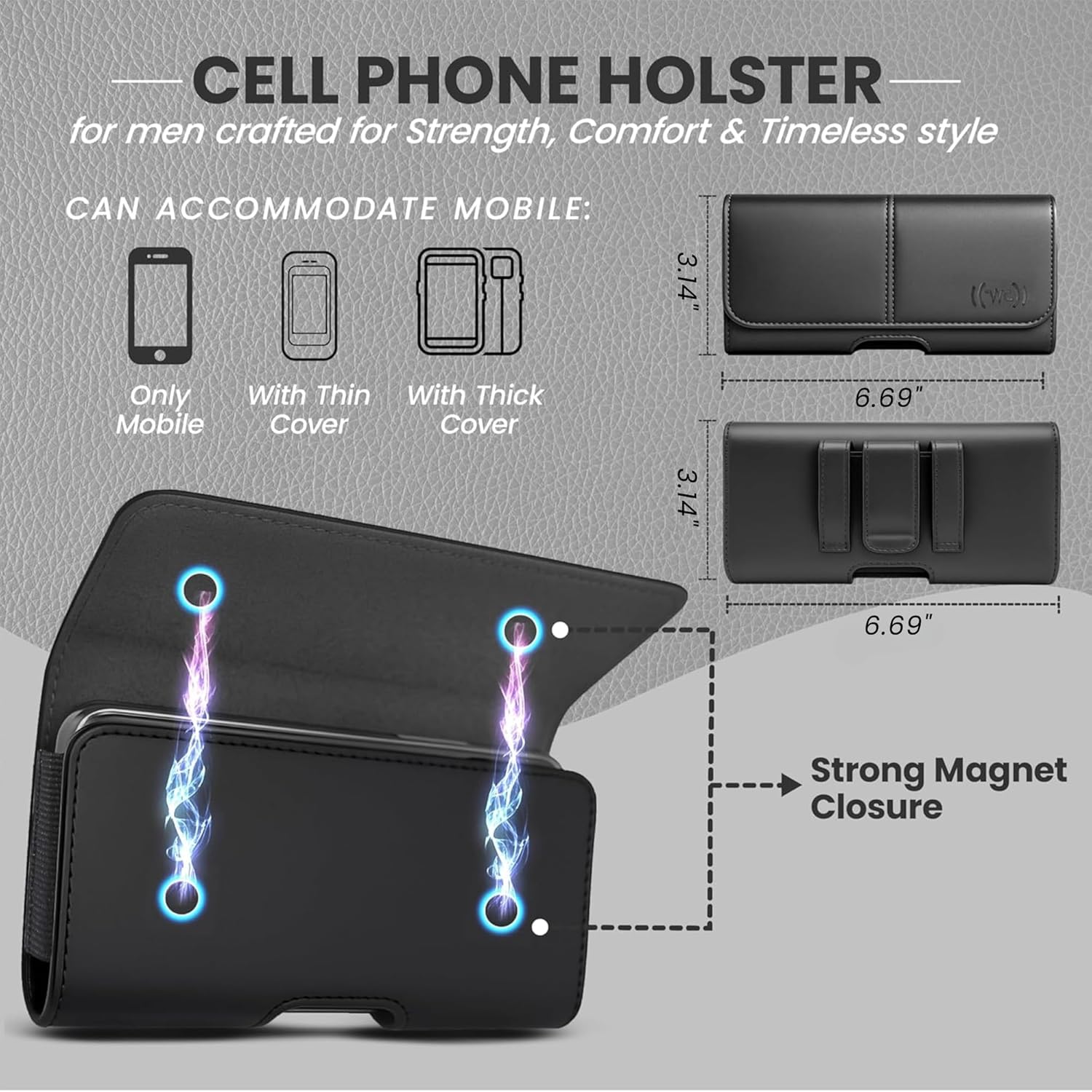 Leather Phone Holster for Men & Women, Horizontal Cell Phone Case - Fits iPhone Air 2025, 16/15/14 Plus/11 Pro Max, XS Max, Belt Clip/Loop Carrying Phone Pouch Holder, Black Large.