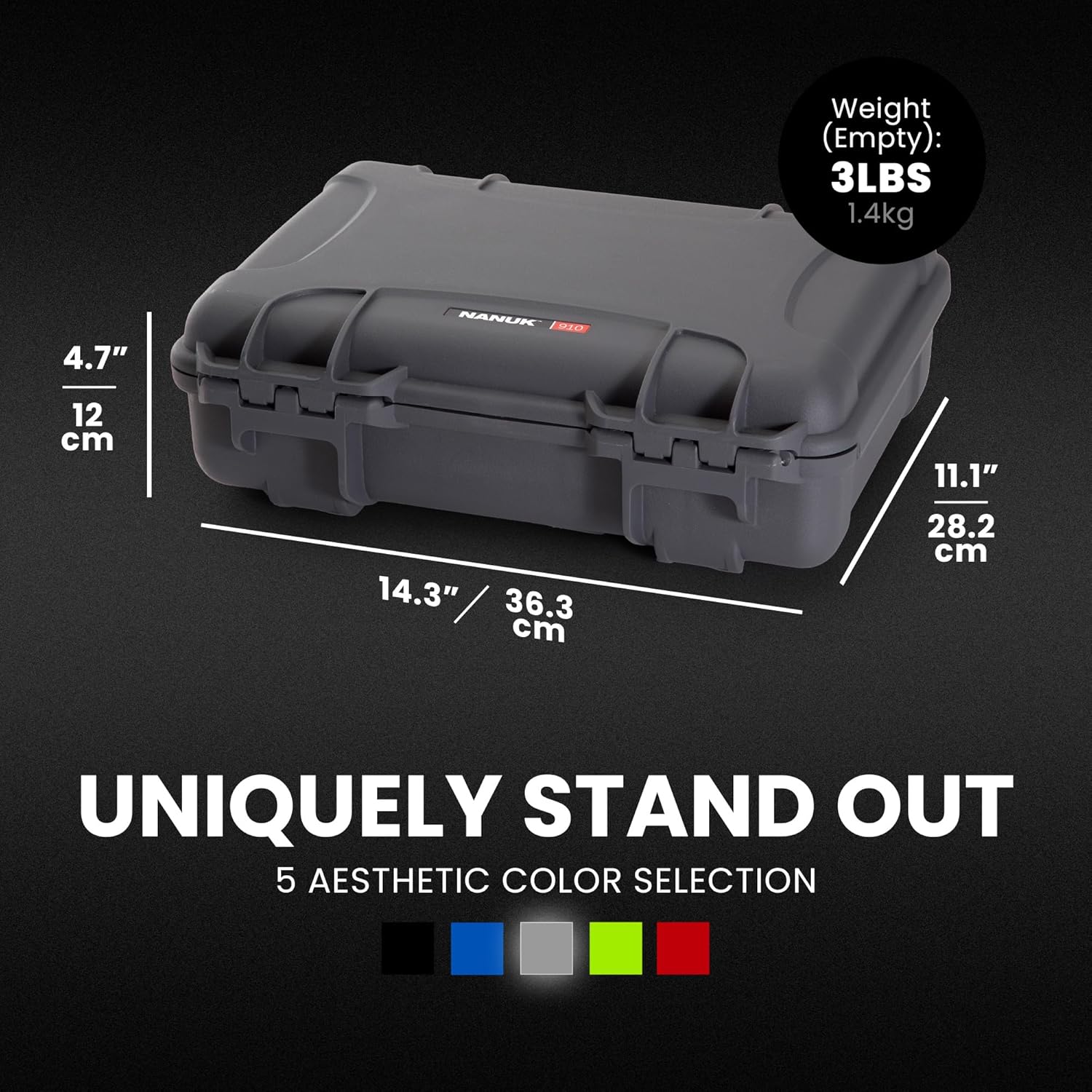 NANUK 910 Hard Case with Customizable Cubed Foam, IP67 Waterproof, Dustproof and Impact Resistant, 14.3” x 11.1” x 4.7”, Rugged Construction for Ultimate Protection, Made in Canada – Graphite