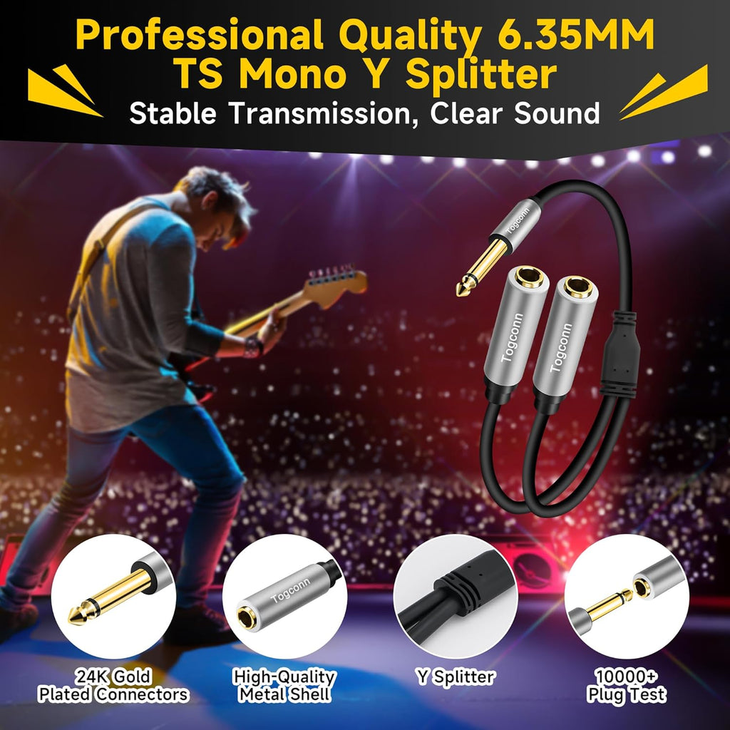 1/4 inch TS Mono Splitter Y Adapter, 6.35mm Mono Male to Dual 6.35 mm TS Mono Female Jack, Quarter inch Audio Speaker Splitter Converter Cable 1 Feet, Gold Plated Connectors
