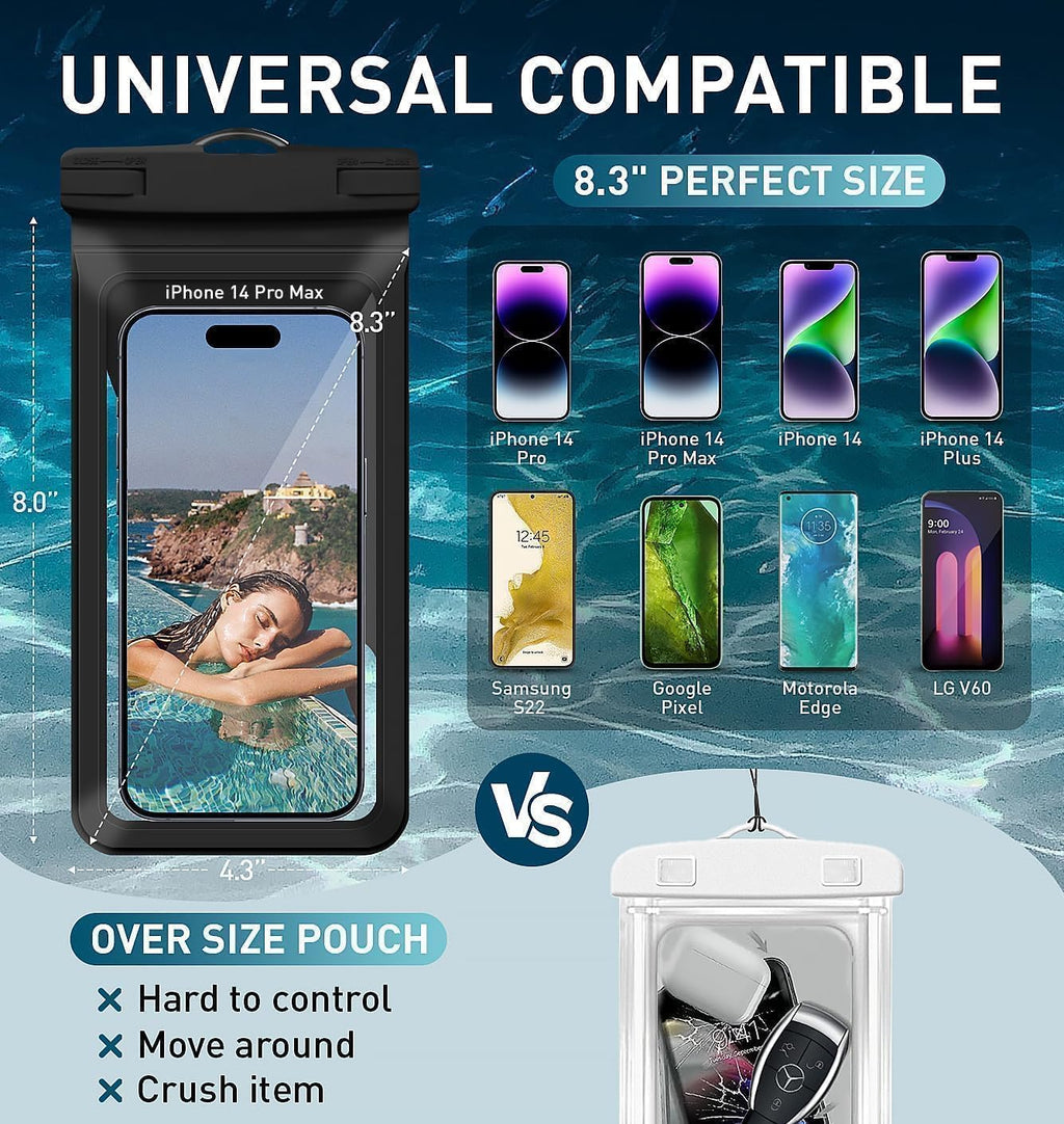 Waterproof Phone Pouch, with Inside Card Bag, Large Waterproof Case for iPhone 16 15 14 13 Pro Max,IPX8 Certified Lightweigt Cellphone Dry Bag, Beach Cruise Ship Essentials, 1 Pack-Black-8.3″