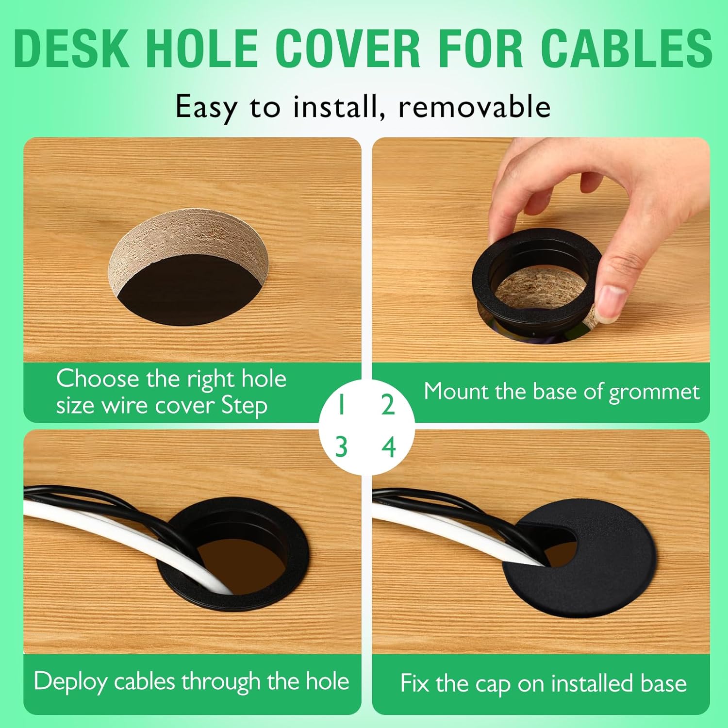 5 Pcs Desk Grommet 2" / 50 mm, Desk Cord Hole Cover, Cable Grommet ABS Plastic, Desk Hole Grommet for Home & Office Pc, Detachable Cable Cord Organizer-Black