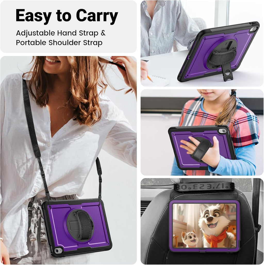 SCSVPN Case for iPad (A16) 11th Generation 11 Inch 2025 / 10th Generation 10.9 Inch 2022, Shockproof Protective Case with Screen Protector, Pencil Holder, Rotating Stand, Hand/Shoulder Strap - Purple