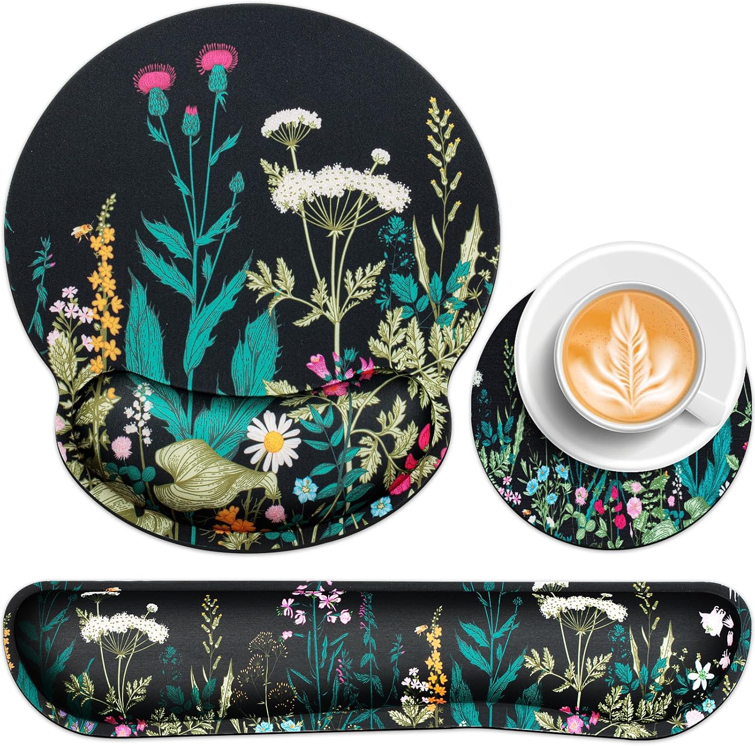 Mouse Pad with Wrist Rest Set, Qomolama 3-in-1 Wrist Support Mouse Pad Set, Floral Gaming Mousepad with Anti-Skid Base,Ergonomic Mouse Pad,Memory Foam Keyboard Gel Wrist Rest