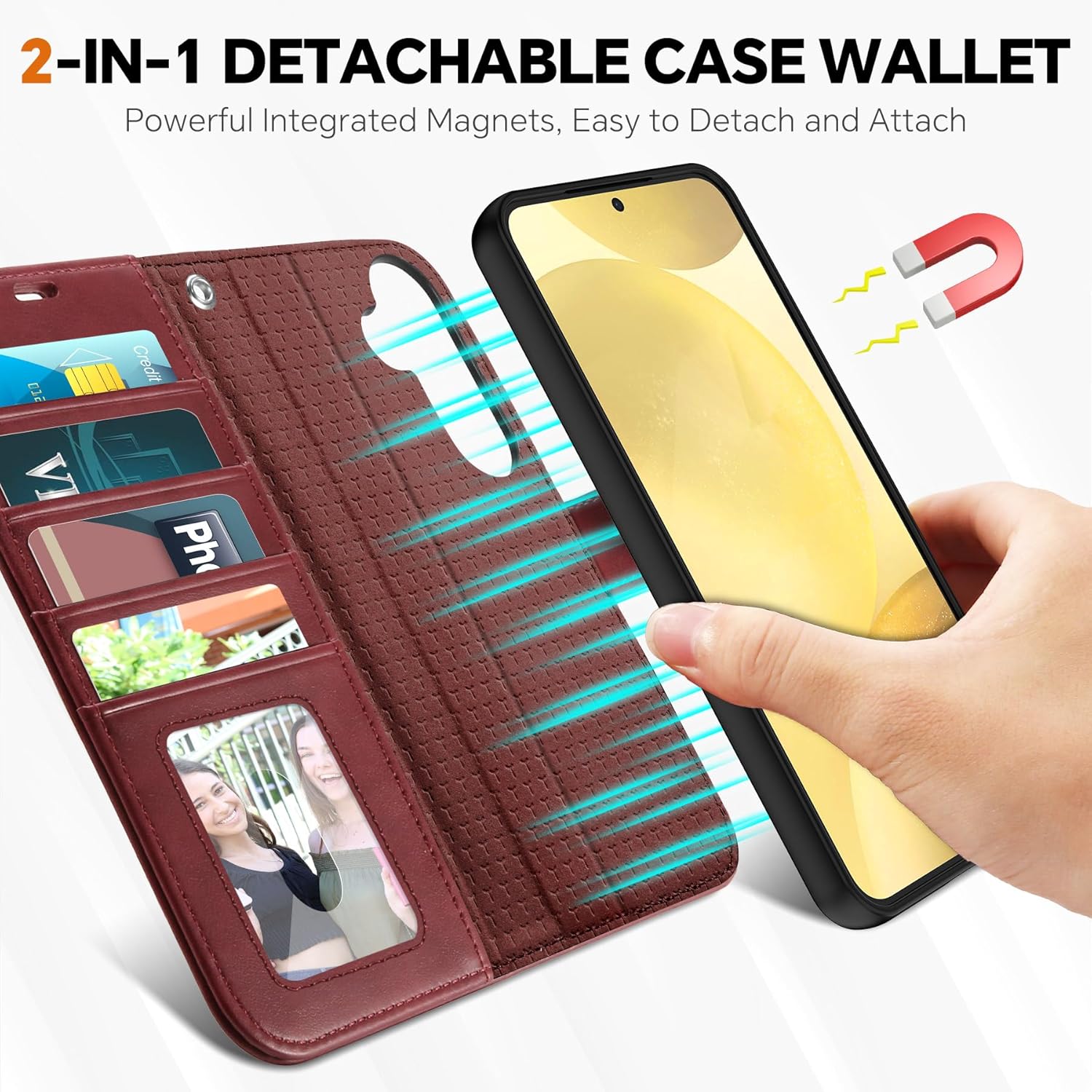 TUCCH Case Wallet for Galaxy S25 Plus, Detachable Wrist Strap [Wireless Charging] RFID Blocking 4 Card Holder, Removable Stand PU Leather Flip Shockproof Phone Cover for Galaxy S25 Plus 6.7", Dark Red