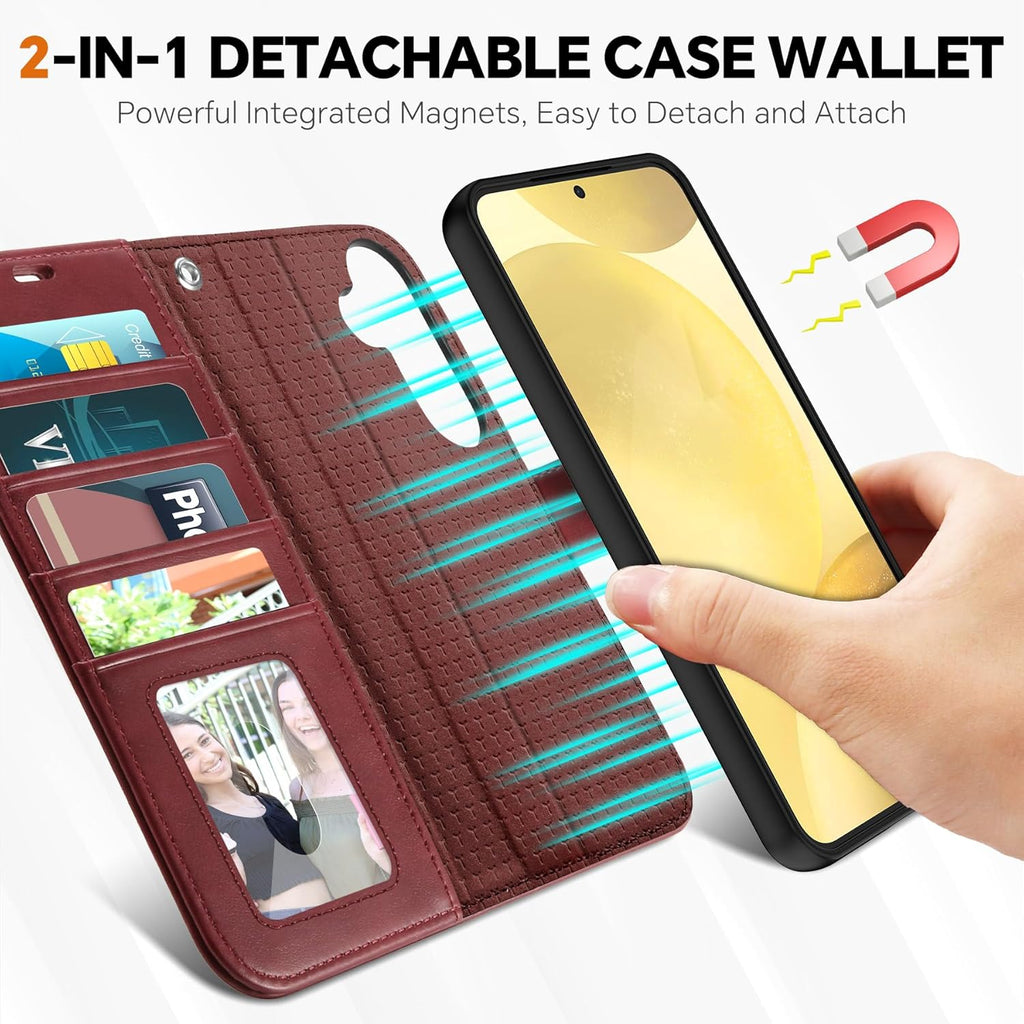 TUCCH Case for Galaxy S25, Detachable Wallet Case with Wrist Strap [Wireless Charging] RFID Blocking 4 Card Holder, Removable Stand PU Leather Flip Shockproof Phone Cover for Galaxy S25 6.2", Dark Red