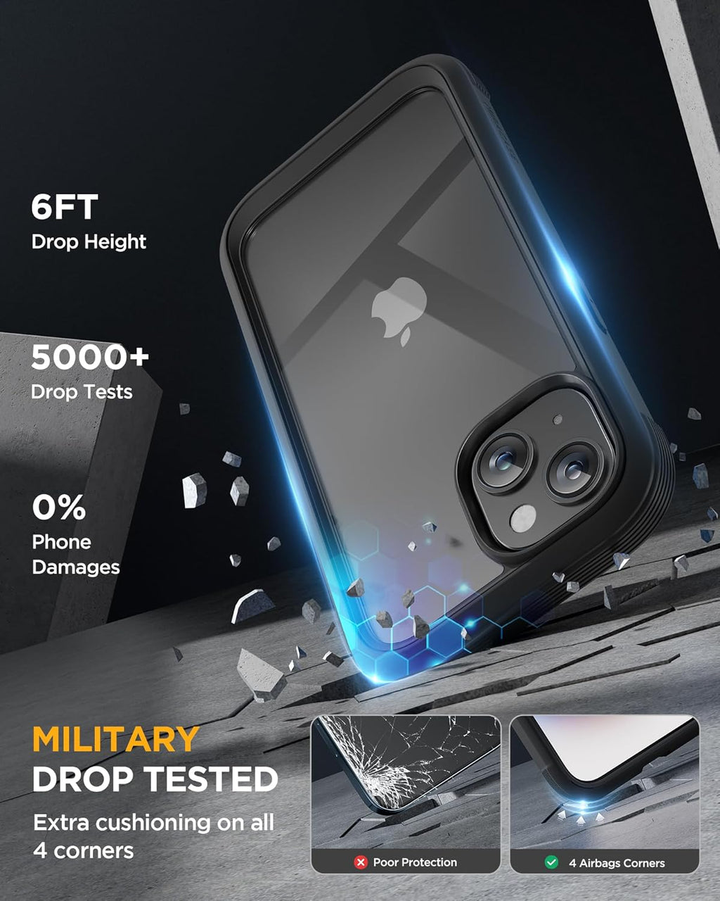 Miracase Glass Series Designed for iPhone 15 Plus Case 6.7',Full-Body Military Drop Proof 15 Plus Phone Case Cover with Built-in 9H Tempered Glass Screen Protector,Black