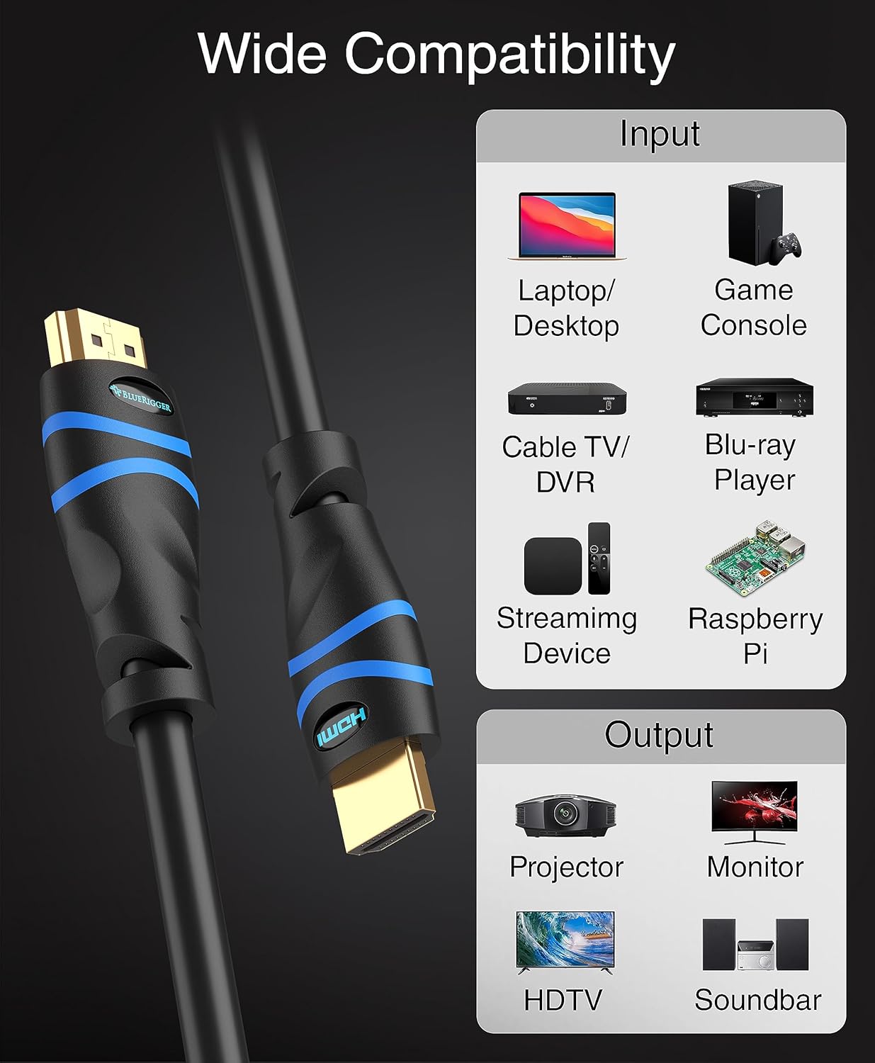 BlueRigger 8K HDMI Cable (3FT - 3 Pack, 8K 60Hz HDR, 4K 120Hz, High Speed 48Gbps with Ethernet, eARC, 3D, HDCP 2.3) - Compatible with PS5, Xbox, Roku, Apple TV, Switch, PC