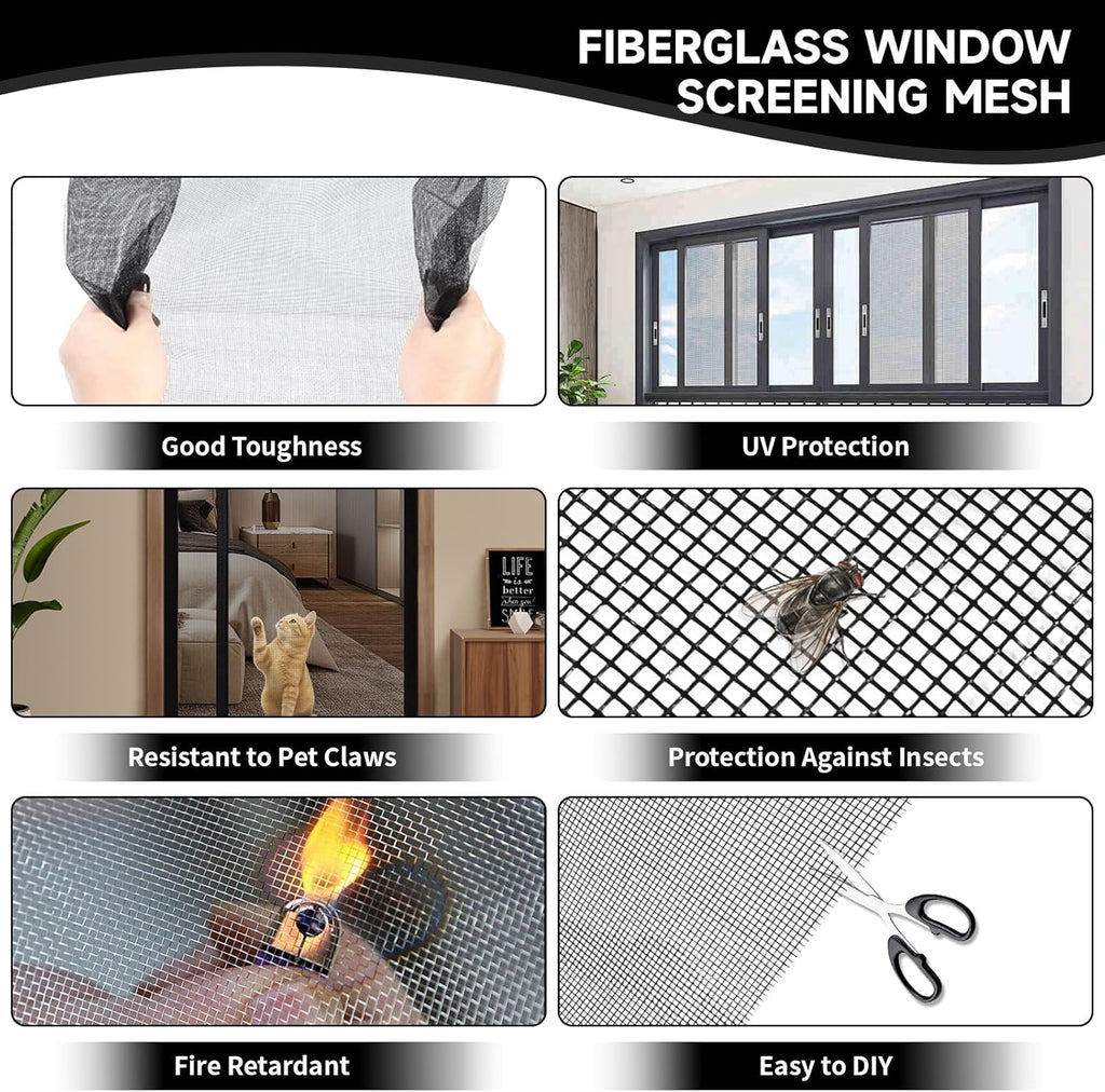 Window Screen Door Repair/Replacement Kit,59" x158" Adjustable Durable Fiberglass Window Screen Mesh,with Spline/Roller/Hook/Clips Screen Door Repair Kit,DIY Window,Porch Sliding Door(Black)