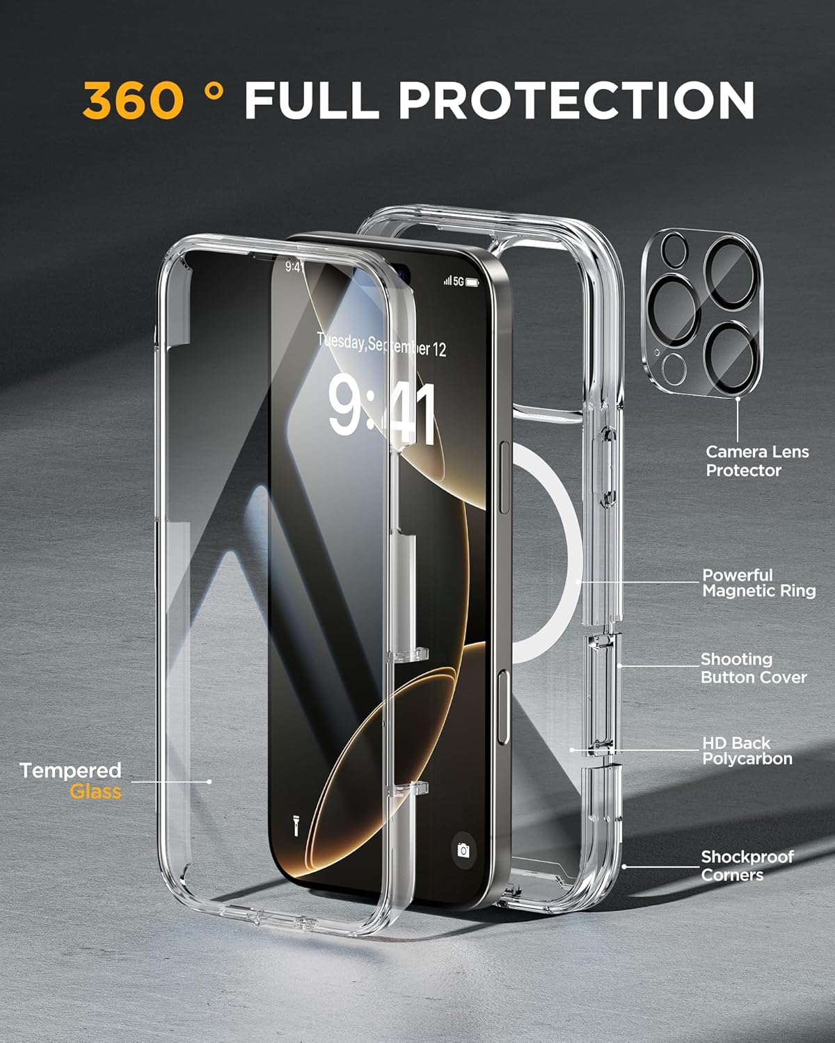 Miracase for iPhone 16 Pro Max Case 6.9'', [Bubble Free] Full-Body Bumper Phone case with Built-in Full Glass Screen &Lens Protector,Compatible with MagSafe,Drop Proof 16 Pro Max Cover,Clear