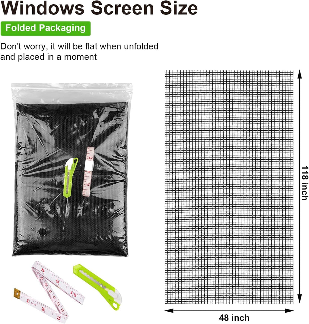 Ouskr Replacement Window Screens Kit, 48X118 Inch Durable Window Screen Mesh for Patio Porch Door Windows, DIY Adjustable Fiberglass Screen Repair Kit with Rolling Tool Hook Ruler Cutter Spline