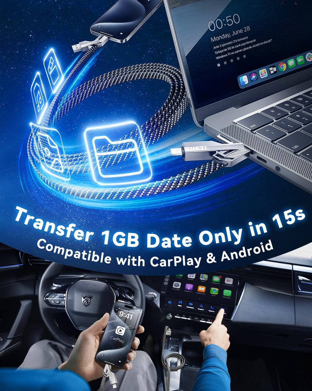 [One is Enough] 4-in-1 Compatible with USB C to Lightning Cable, 65W High-Speed Charging & Fast Data Transfer,CarPlay & Android Auto Support Multi Charger Cord Combo for iPhone/Samsung/iPad,5FT
