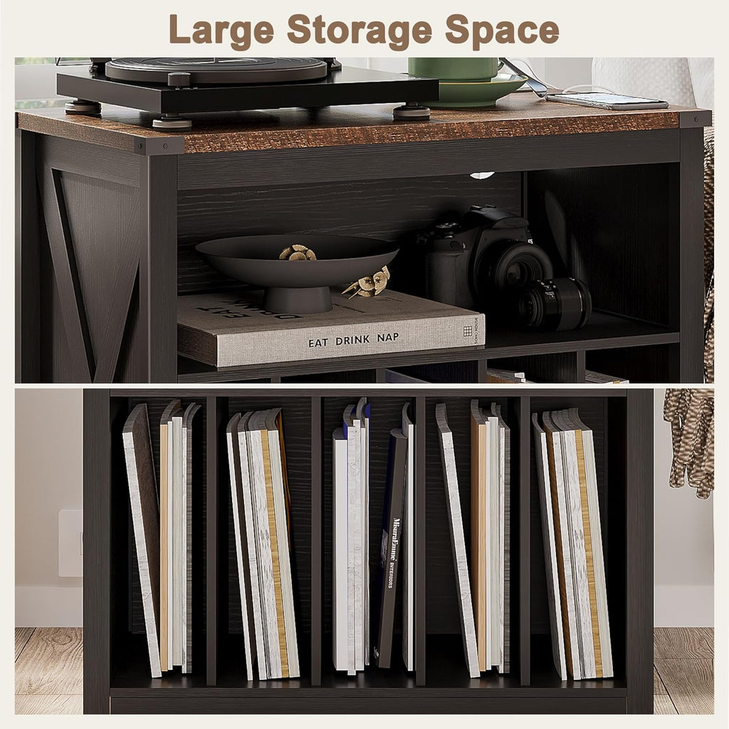 ChooChoo Large Record Player Stand with Charging Station & LED Light, Vinyl Record Holder hold up to 300 Albums, Farmhouse End Table for Bedroom, Living Room, Black