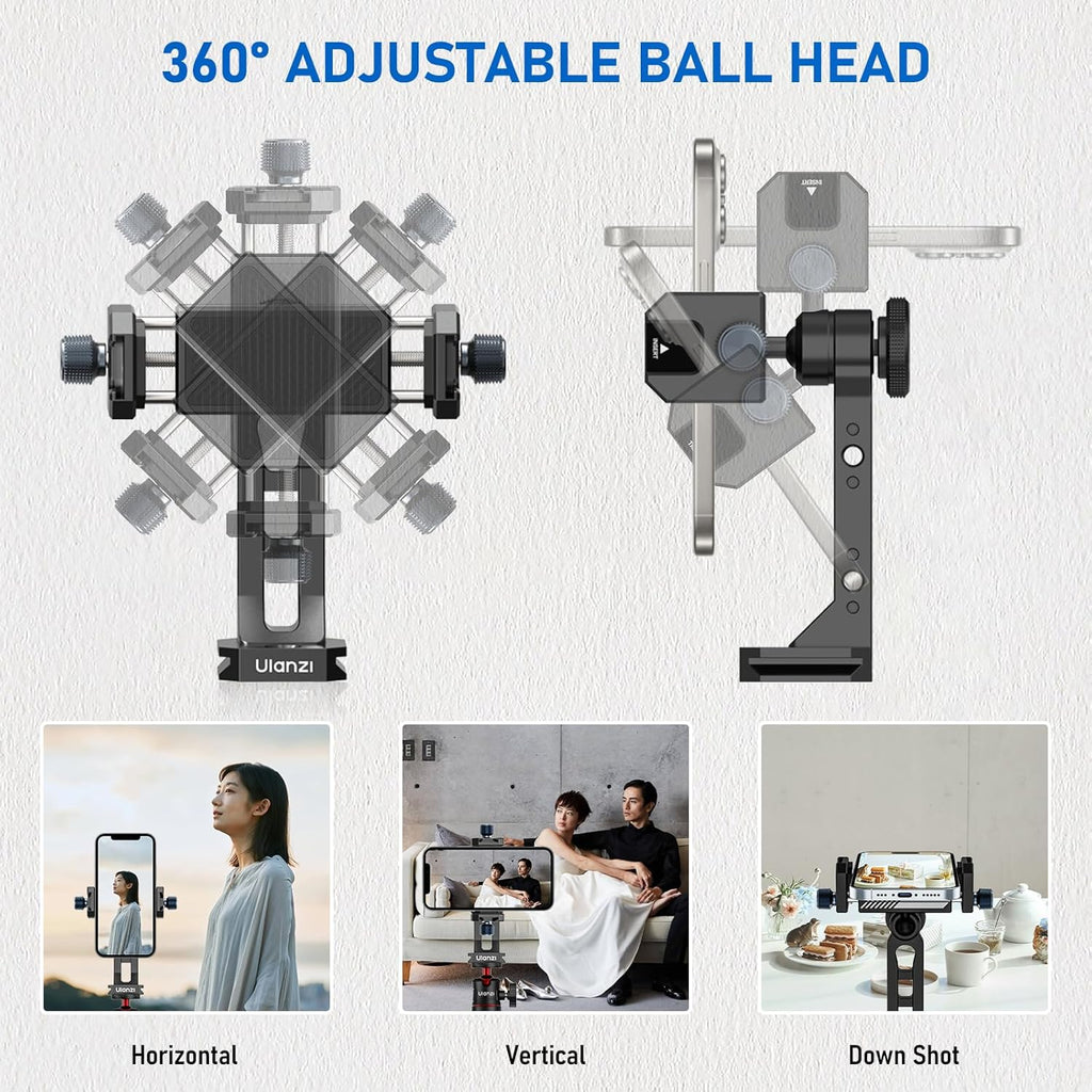 Ulanzi MA53 Metal Tripod Phone Mount, Smartphone Tripods Adapter with Arca Swiss/Uka Port, 2 Cold Shoe, 360° Cellphone Tripod Mount, for iPhone 17 Samsung Holder for Photo Video Vlogging Rig
