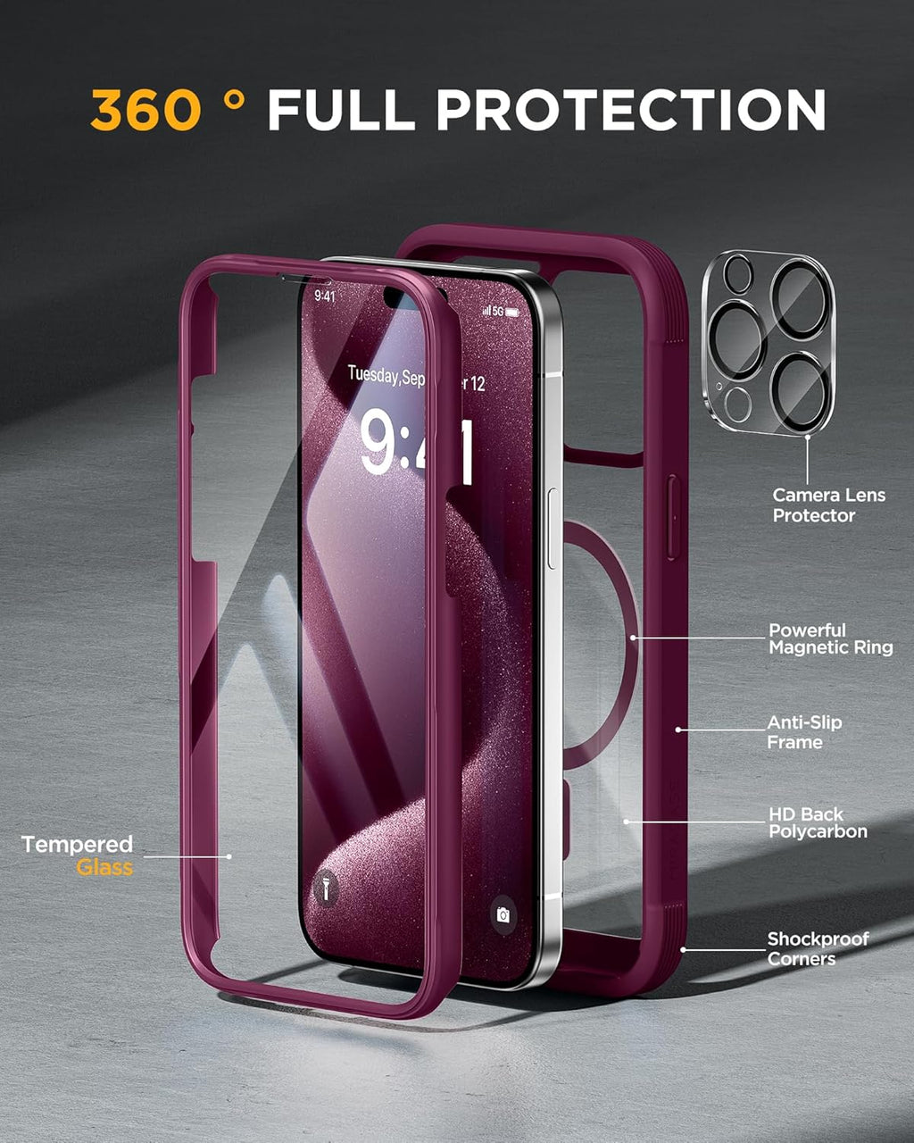 Miracase Magnetic for iPhone 12 Pro Max Case [Compatible with MagSafe] Full-Body Phone case with Built-in Glass Screen Protector& Camera Protector, Military Drop Proof 12 Pro Max Cover, Wine Red