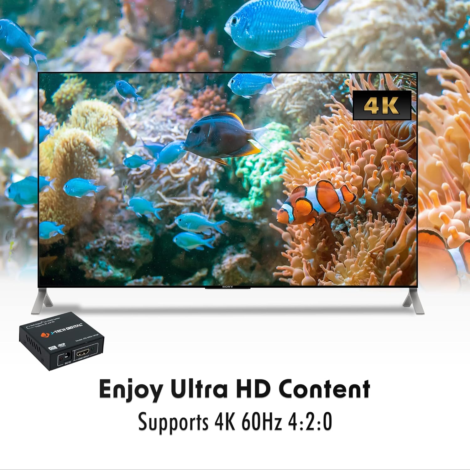 4K@60 HDMI Splitter 1 in 2 out 1X2 Powered Splitter for Dual Monitors by J-Tech Digital [JTD-MINI-1X2SP]