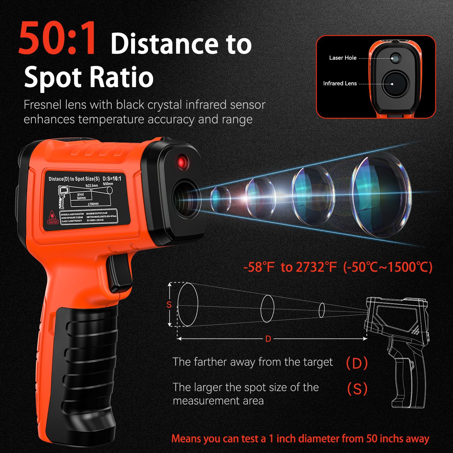 -58°F to 2732°F Infrared Thermometer IR Laser Gun 50:1, Digital Temperature Gun/K-Type Probe -4°F~932°F, Humidity Sensor, High-Temp Pyrometer for Kiln, Forge, Furnace, Industrial Use