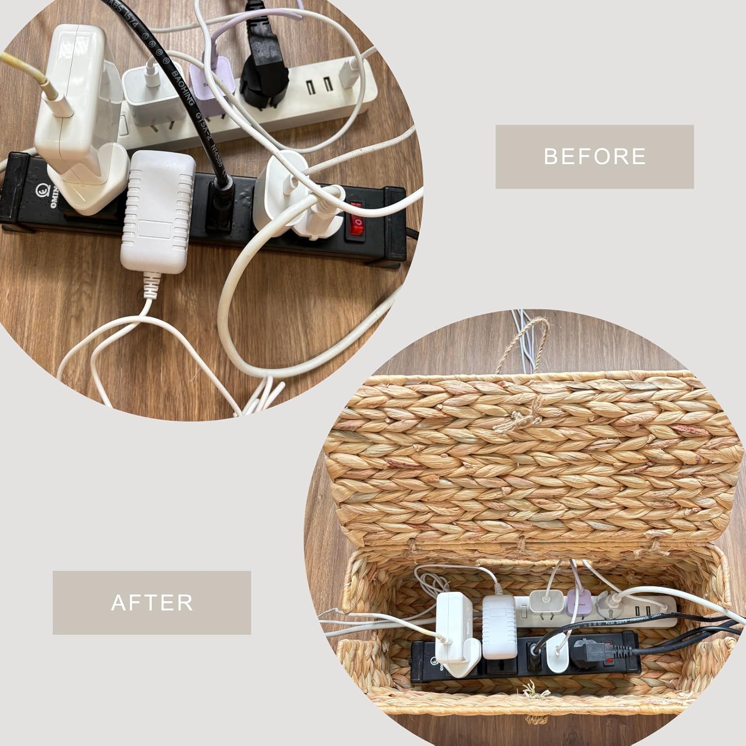 Wicker Cable Management Box with Lid, A Handwoven Water Hyacinth Cords Hider Box for TV, Computer, Router, USB Hub to Hide Cords & Power Strip for Desk, Floor, Office, 16x6.9x6.9”